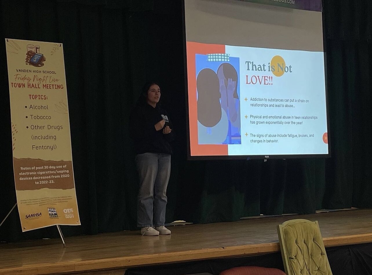 Vanden High School student presenting Friday Night Live (FNL) Chapter at Town Hall