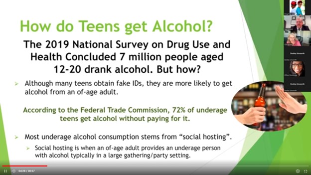 Webinar page "How do Teens get Alcohol?" with information from 2019 National Survey on Drug Use and Health