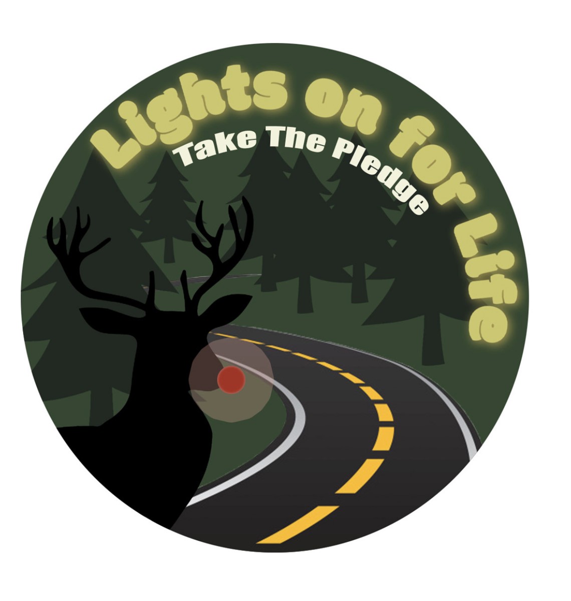 Event logo "Lights on for Life Take the Pledge" with road, trees and deer with red rose